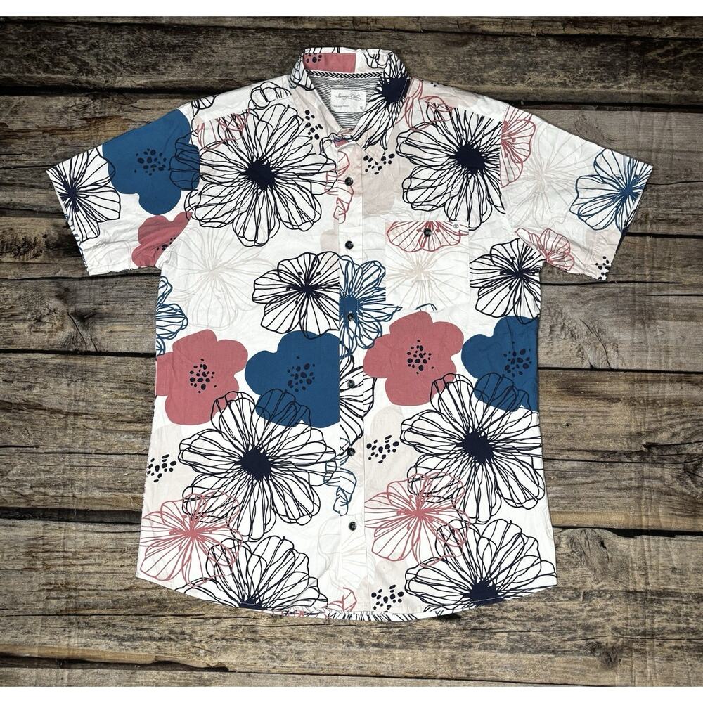 Sovereign Code Floral Flower Sketch Short Sleeve Button Up Shirt Men Size Medium